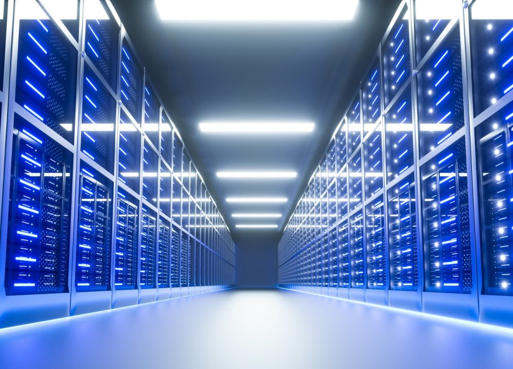 Server room interior in datacenter. 3D Render